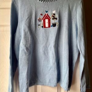 CJ banks Sweater Winter Birds Hand Embroidered XL Blue Raime Cotton